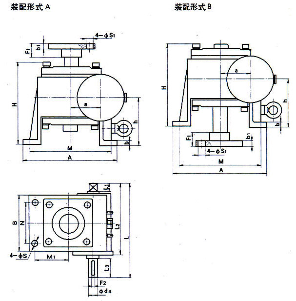 WJ63、WJ80、WJ100、WJ125、WJ160、WJ200型蝸輪絲杠升降機(jī)外形安裝尺寸