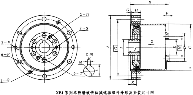 XB1單級諧波傳動(dòng)減速器組件外形及安裝尺寸 