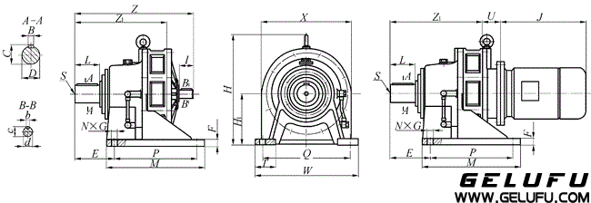 BW12、BWD12、BW15、BWD15、BW18、BWD18、BW22、BWD22、BW27、BWD27、BW33、BWD33、BW39、WD39、BW45、BWD45、BW55、BWD55上海變速機(jī)械廠標(biāo)準(zhǔn)行星擺線針輪減速機(jī)外形及安裝尺寸