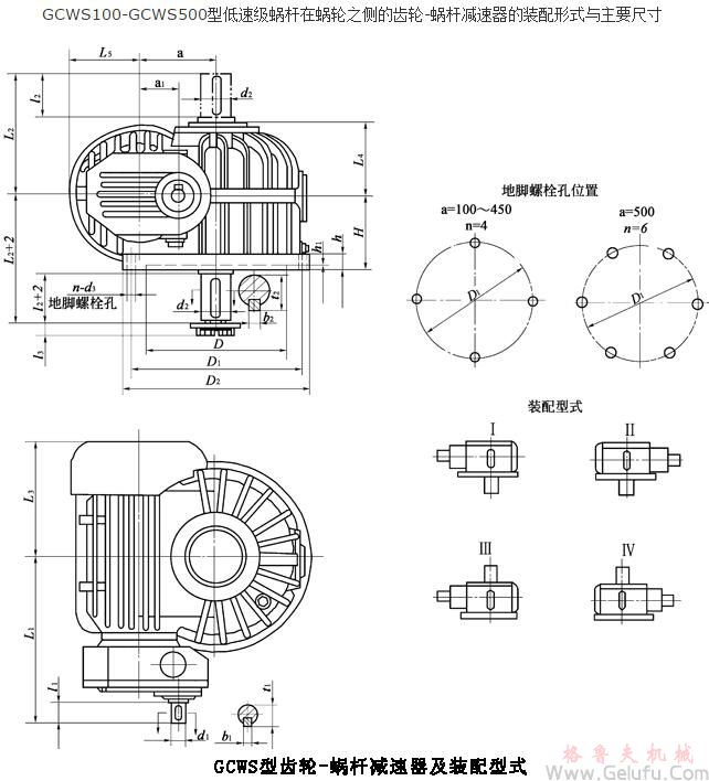 GCWS100、GCWS125、GCWS160、GCWS200、GCWS250、GCWS315、GCWS355、GCWS400、GCWS450、GCWS500、型低速級(jí)蝸桿在蝸輪之側(cè)的齒輪-蝸桿減速機(jī)的裝配形式與主要尺寸（JB/T7008-1993）