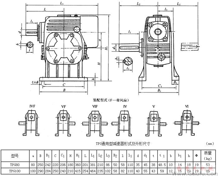 TPG80、TPG100、通用型減速機(jī)形式及外形尺寸（Ⅳ&mdash;Ⅵ）