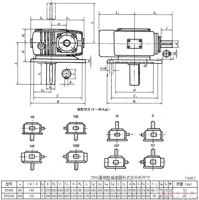 TPG80、TPG100、通用型減速機(jī)形式及外形尺寸（Ⅶ&mdash;Ⅹ）