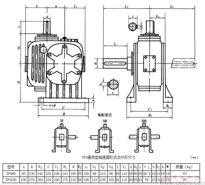 TPG80、TPG100、通用型減速機(jī)形式及外形尺寸（Ⅺ&mdash;XIII）