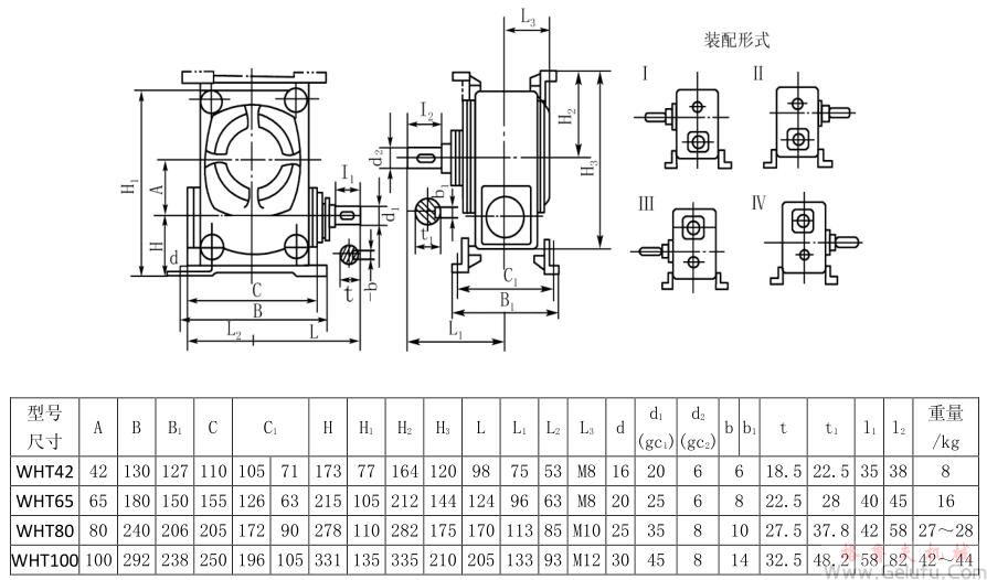WHT42、WHT65、WHT80、WHT100型圓弧圓柱蝸桿減速機I&mdash;IV式安裝型式及尺寸JB2318&mdash;79