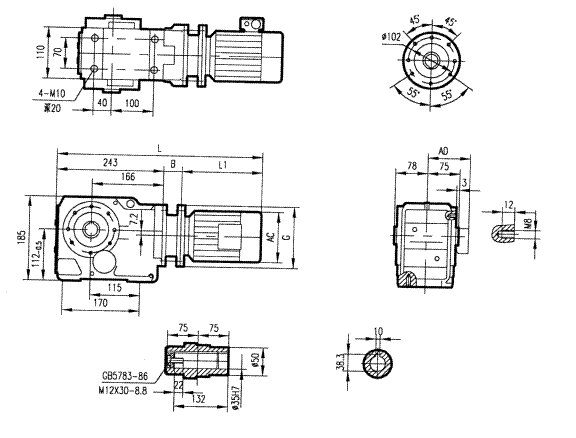 GKA47型斜齒輪弧齒錐齒輪減速電機安裝結(jié)構(gòu)圖尺寸
