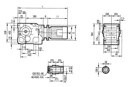 GKA127型斜齒輪弧齒錐齒輪減速電機(jī)安裝結(jié)構(gòu)圖尺寸