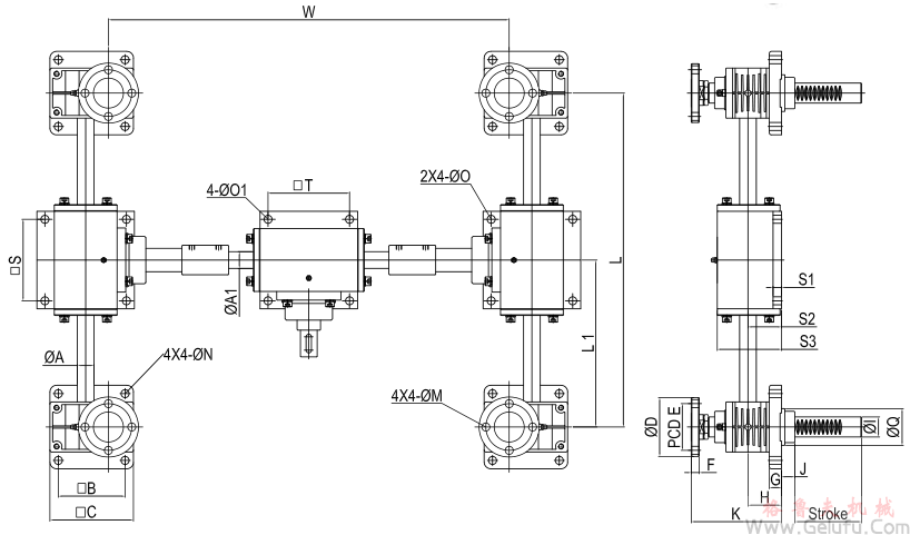 RJ-4SB系列多臺齒條升降機與傘齒箱組合高速升降齒條安裝圖